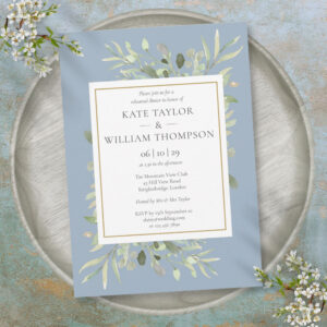 Dusty Blue Watercolor Greenery Rehearsal Dinner Invitation