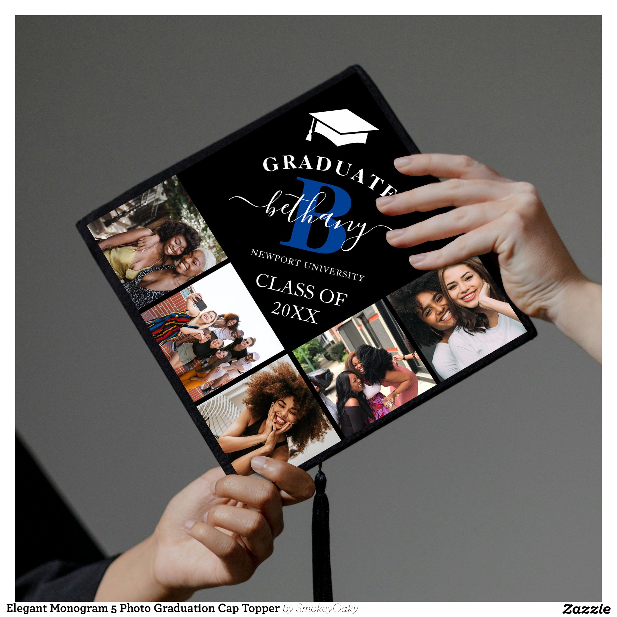 Elegant Monogram 5 Photo Graduation Cap Topper