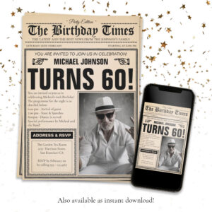60th Birthday Newspaper Cover Humour Custom Photo Invitation