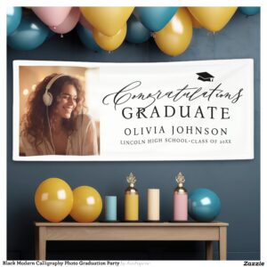 Black Modern Calligraphy Photo Graduation Party Banner