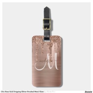 Chic Rose Gold Dripping Glitter Brushed Metal Glam Luggage Tag