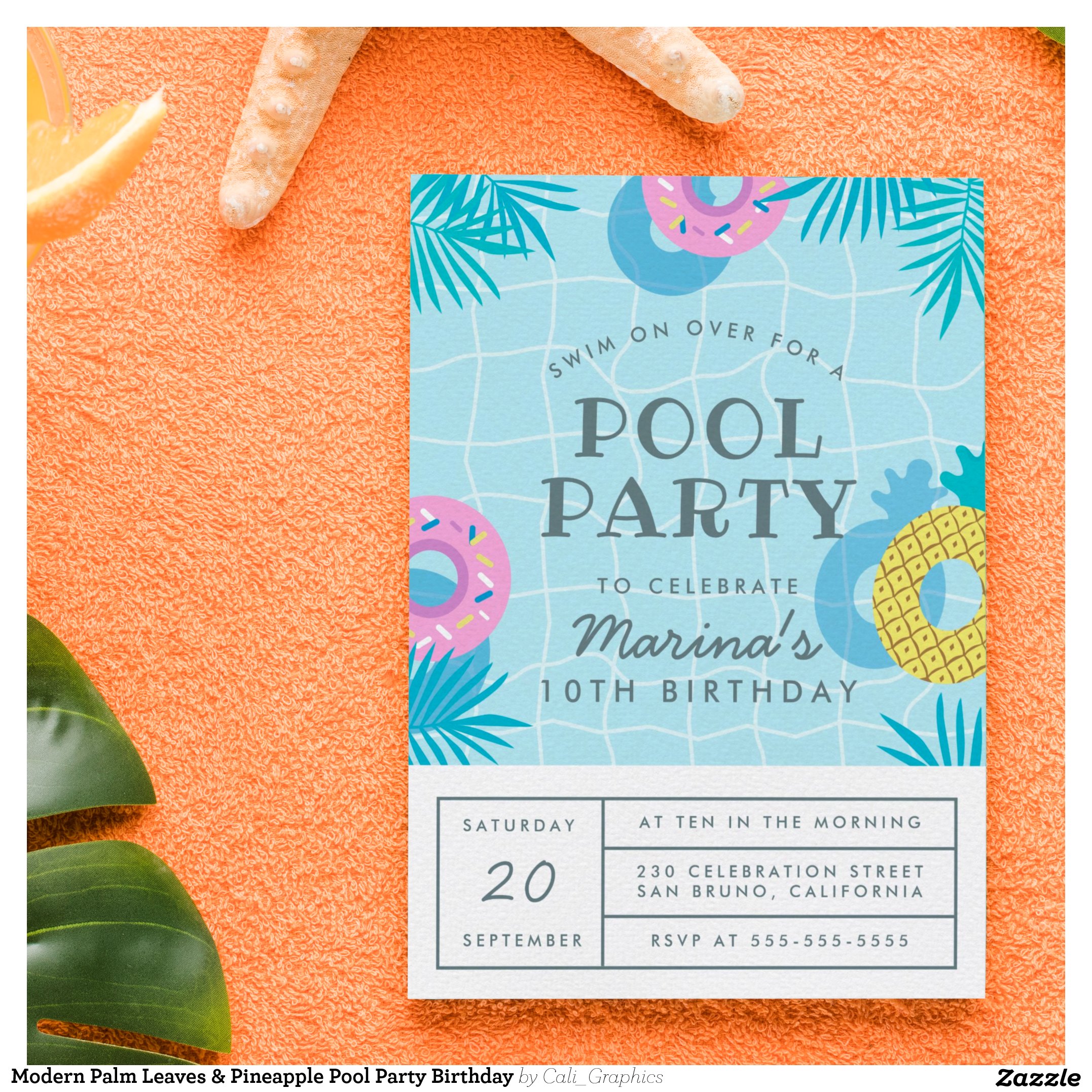 Modern Palm Leaves & Pineapple Pool Party Birthday Invitation Postcard