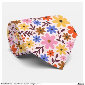 Retro 60s floral - daisy flowers in pink, orange neck tie