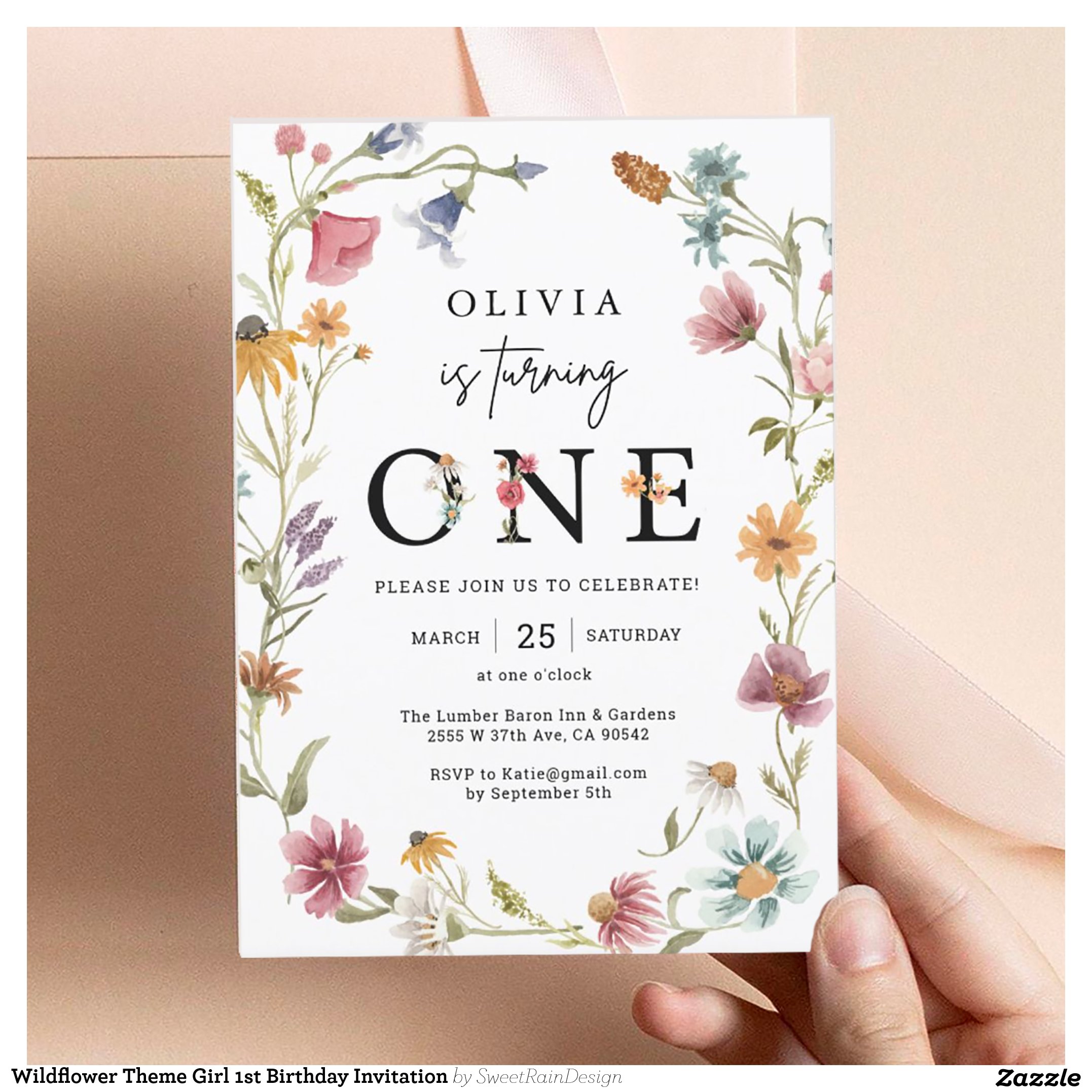 Wildflower Theme Girl 1st Birthday Invitation