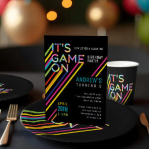 It's Game On Colorful Neon Laser Tag Birthday Invitation