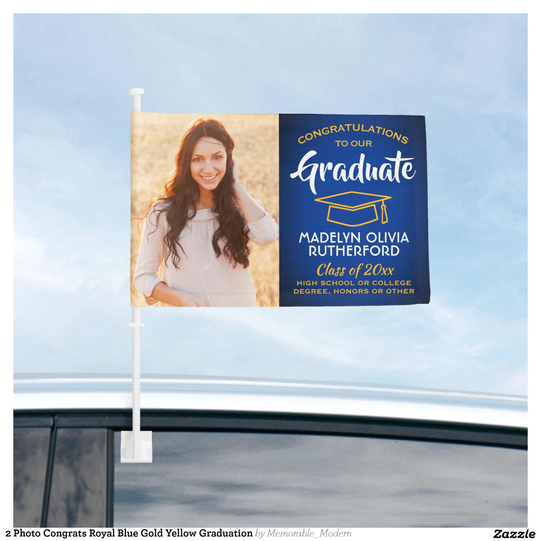 2 Photo Congrats Royal Blue Gold Yellow Graduation Car Flag