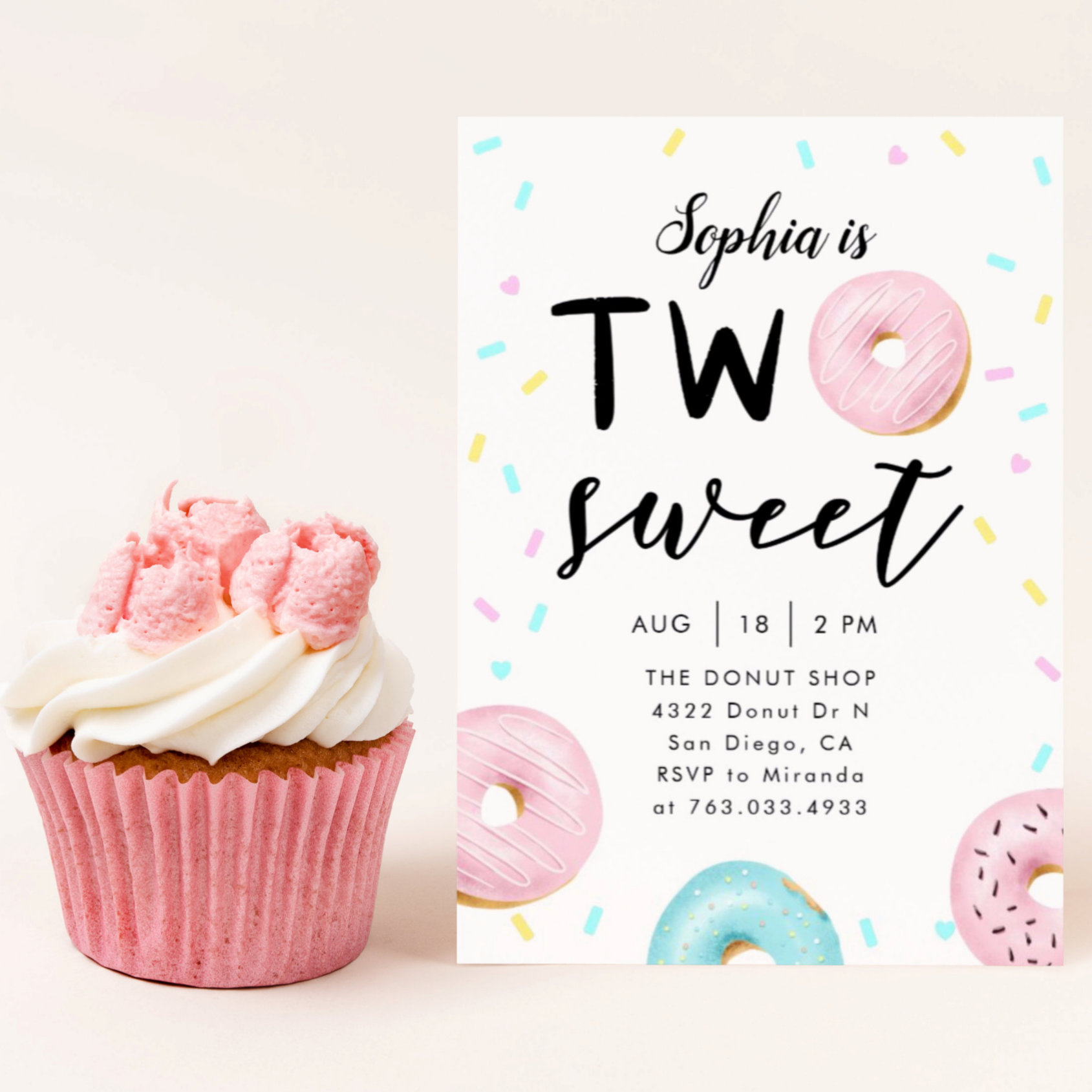 Two Sweet 2nd Donut Theme Birthday Party Invitation