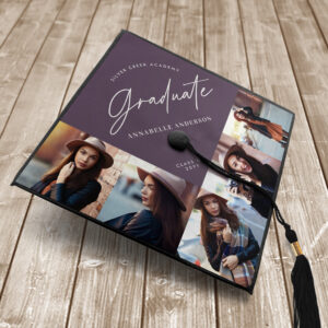 Simple multi photo modern elegant script purple graduation cap topper