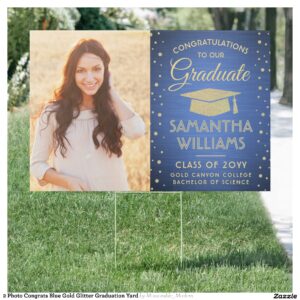 2 Photo Congrats Blue Gold Glitter Graduation Yard Sign