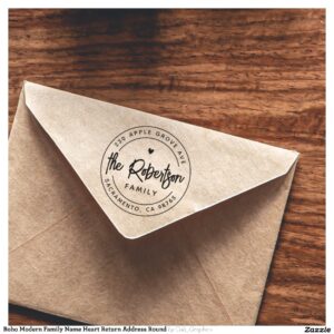 Boho Modern Family Name Heart Return Address Round Rubber Stamp