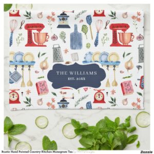 Rustic Hand Painted Country Kitchen Monogram Tea Kitchen Towel