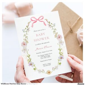 Wildflower Pink Bow Baby Shower Invitation