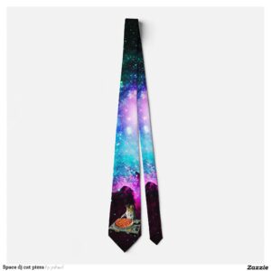 Space dj cat pizza neck tie