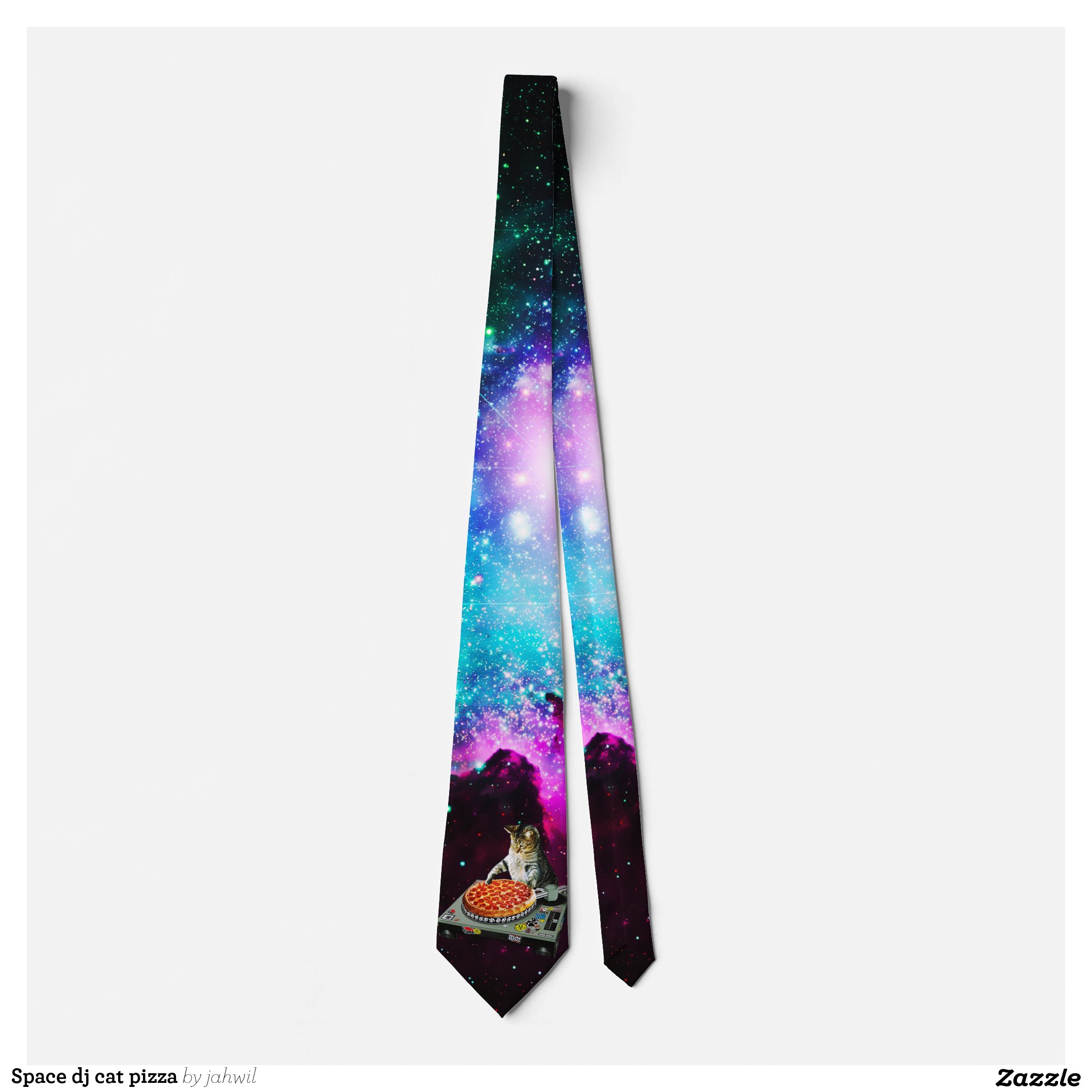 Space dj cat pizza neck tie