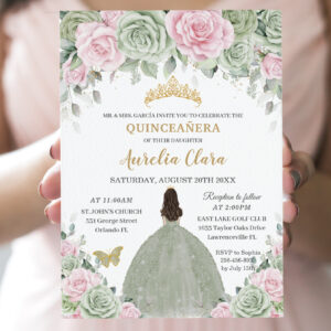Chic Sage Green Baby Pink Floral Gold Quincea?era Invitation