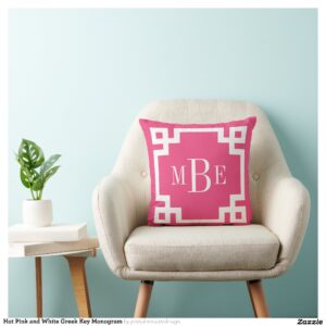 Hot Pink and White Greek Key Monogram Throw Pillow