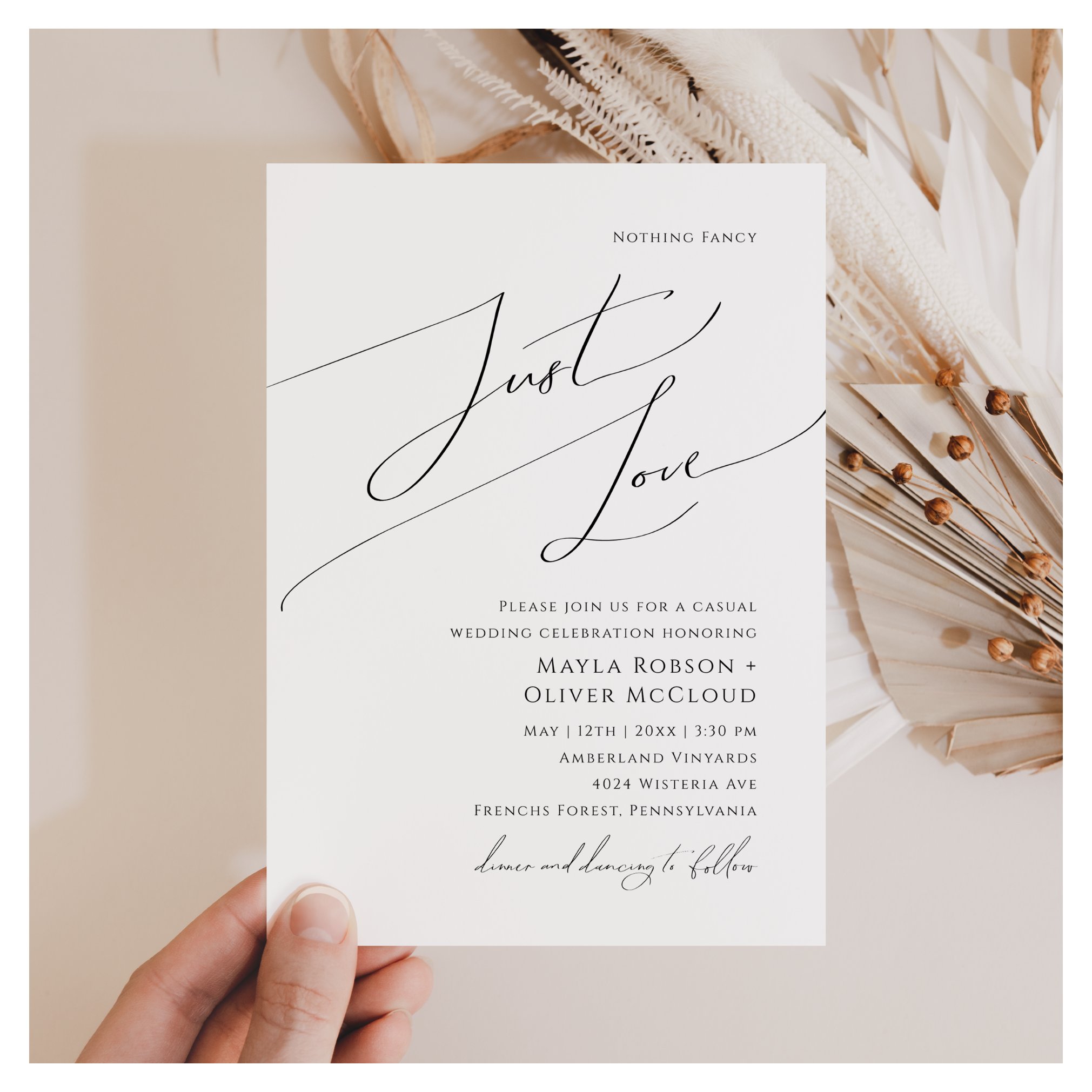 Whimsical Script Nothing Fancy Just Love Wedding Invitation