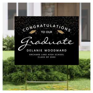 Black White Script Gold Cap Graduation Yard Sign