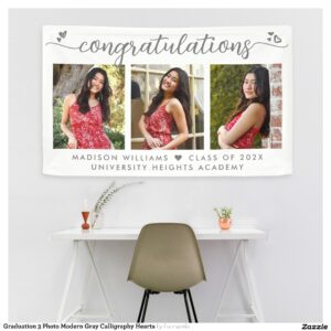 Graduation 3 Photo Modern Gray Calligraphy Hearts Banner