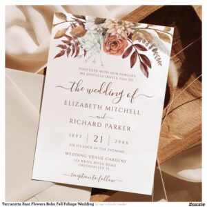 Terracotta Rust Flowers Boho Fall Foliage Wedding Invitation