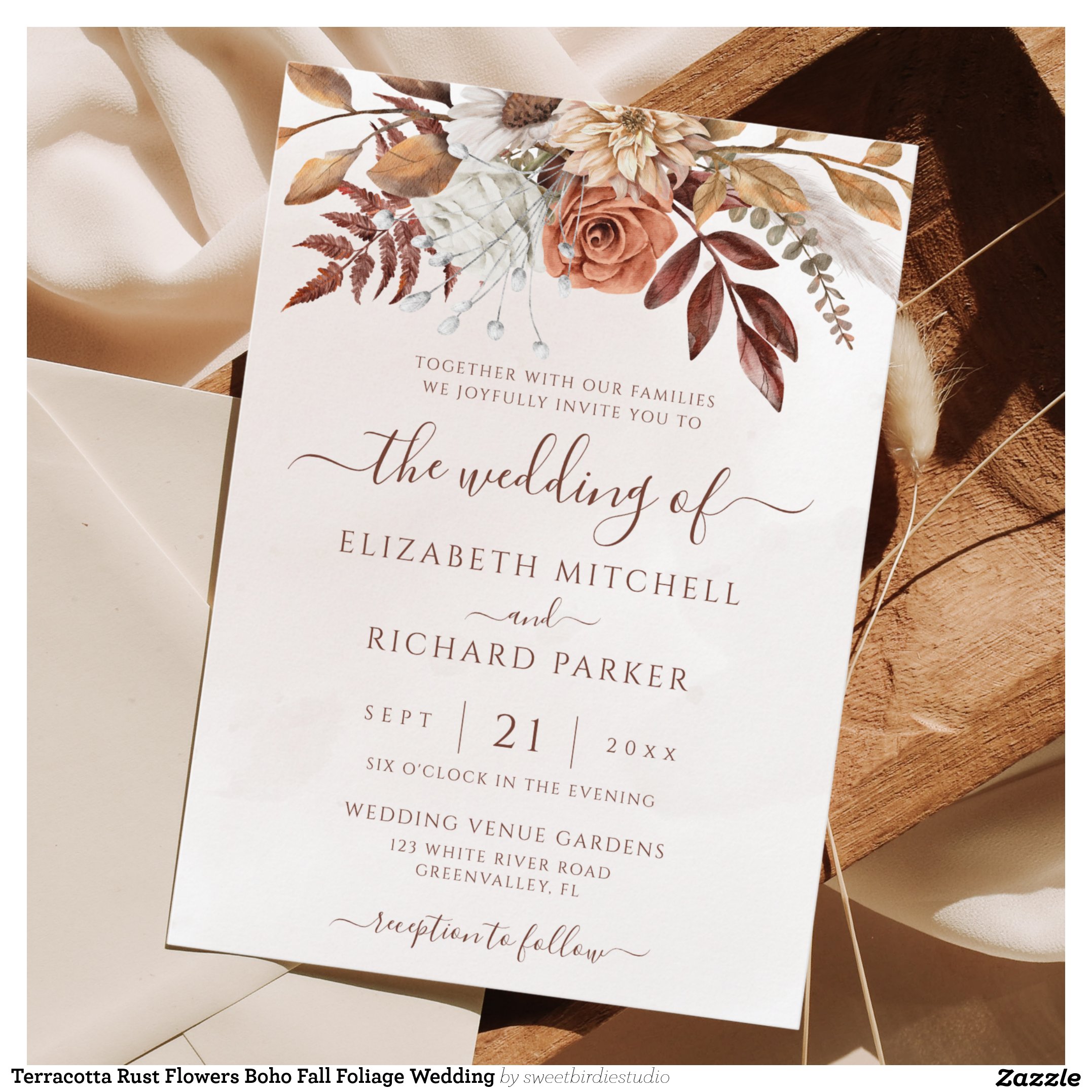 Terracotta Rust Flowers Boho Fall Foliage Wedding Invitation