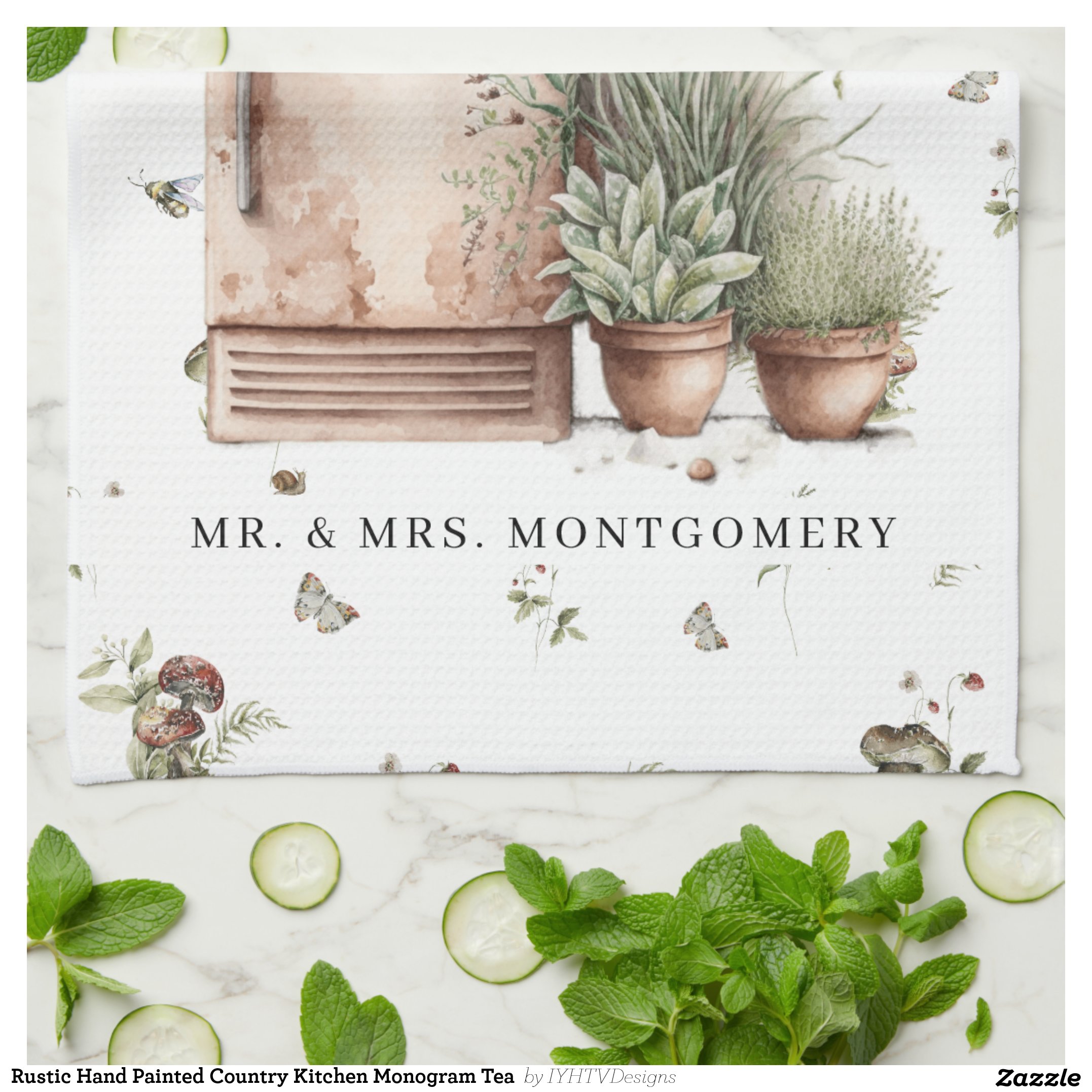 Rustic Hand Painted Country Kitchen Monogram Tea Kitchen Towel