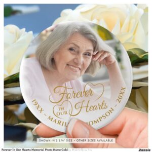 Forever In Our Hearts Memorial Photo Name Gold Button