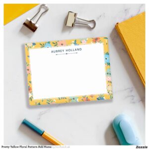 Pretty Yellow Floral Pattern Add Name Post-it Notes