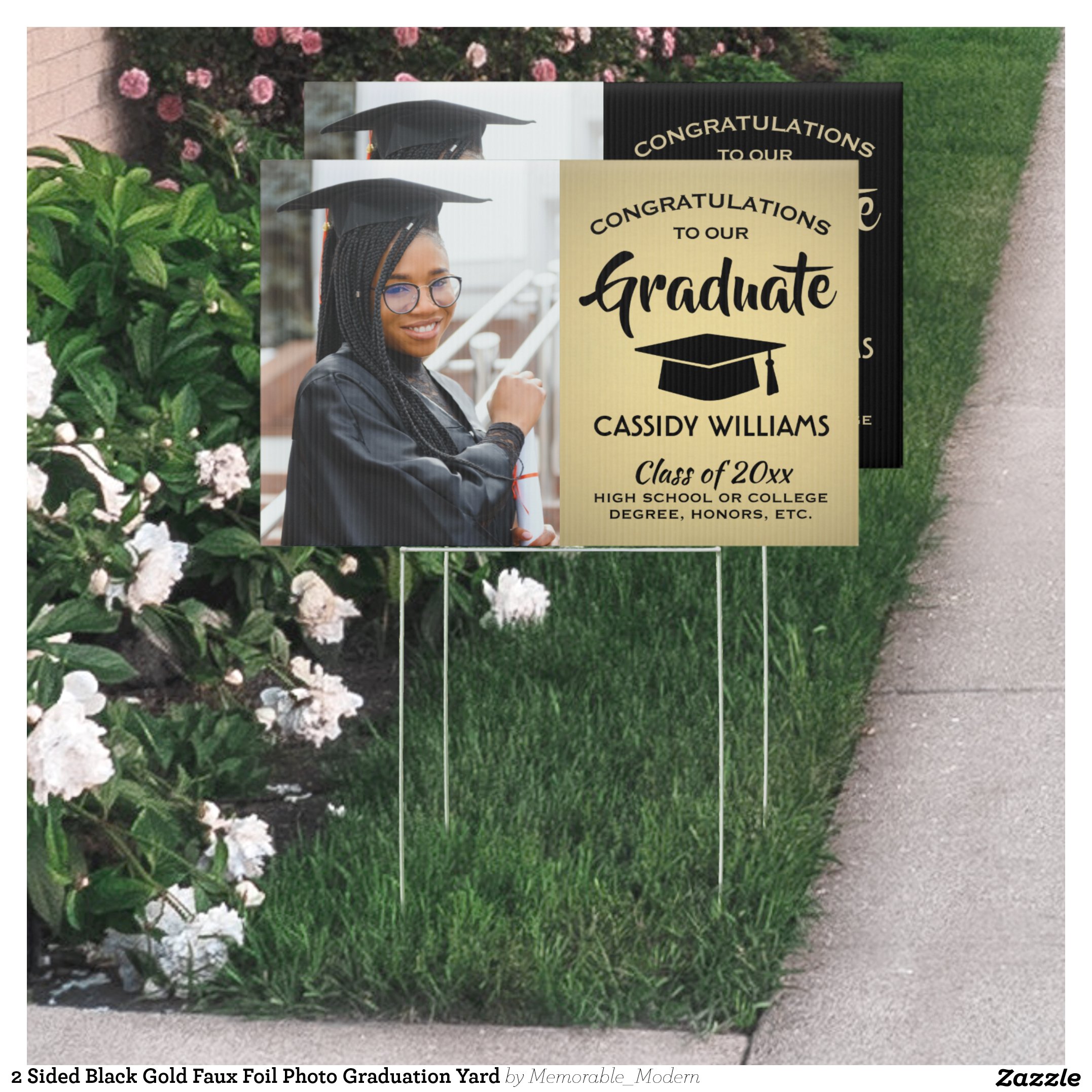 2 Sided Black Gold Faux Foil Photo Graduation Yard Sign