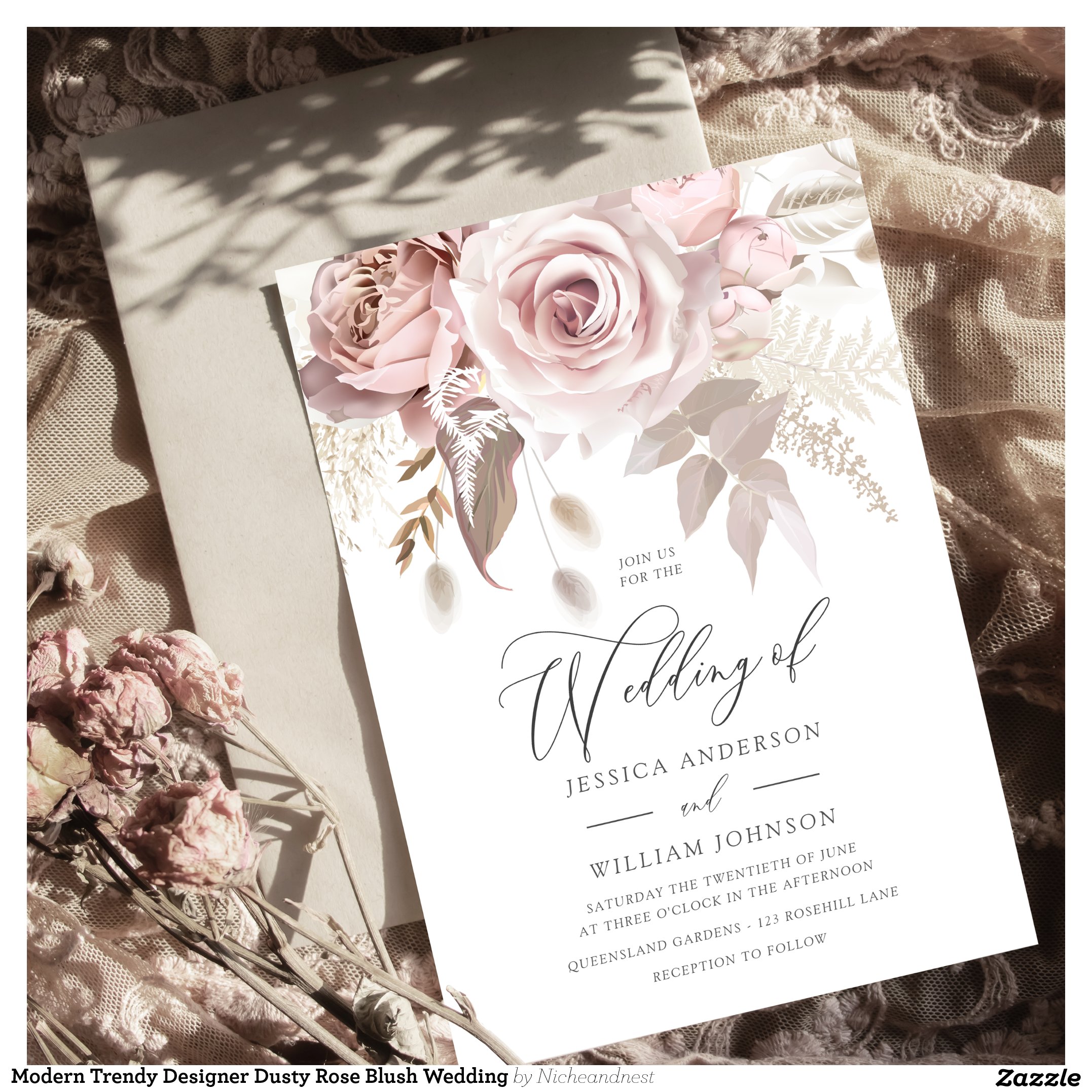 Modern Trendy Designer Dusty Rose Blush Wedding Invitation