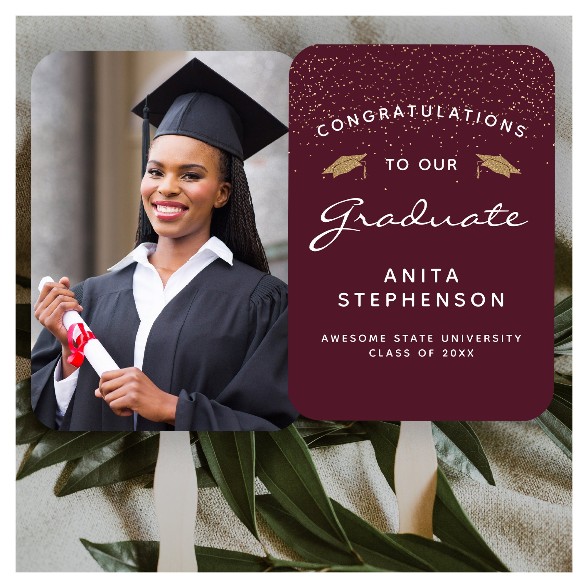 Custom Photo Burgundy White Gold Graduation Hand Fan