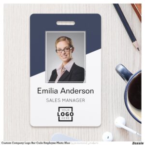 Custom Company Logo Bar Code Employee Photo Blue Badge