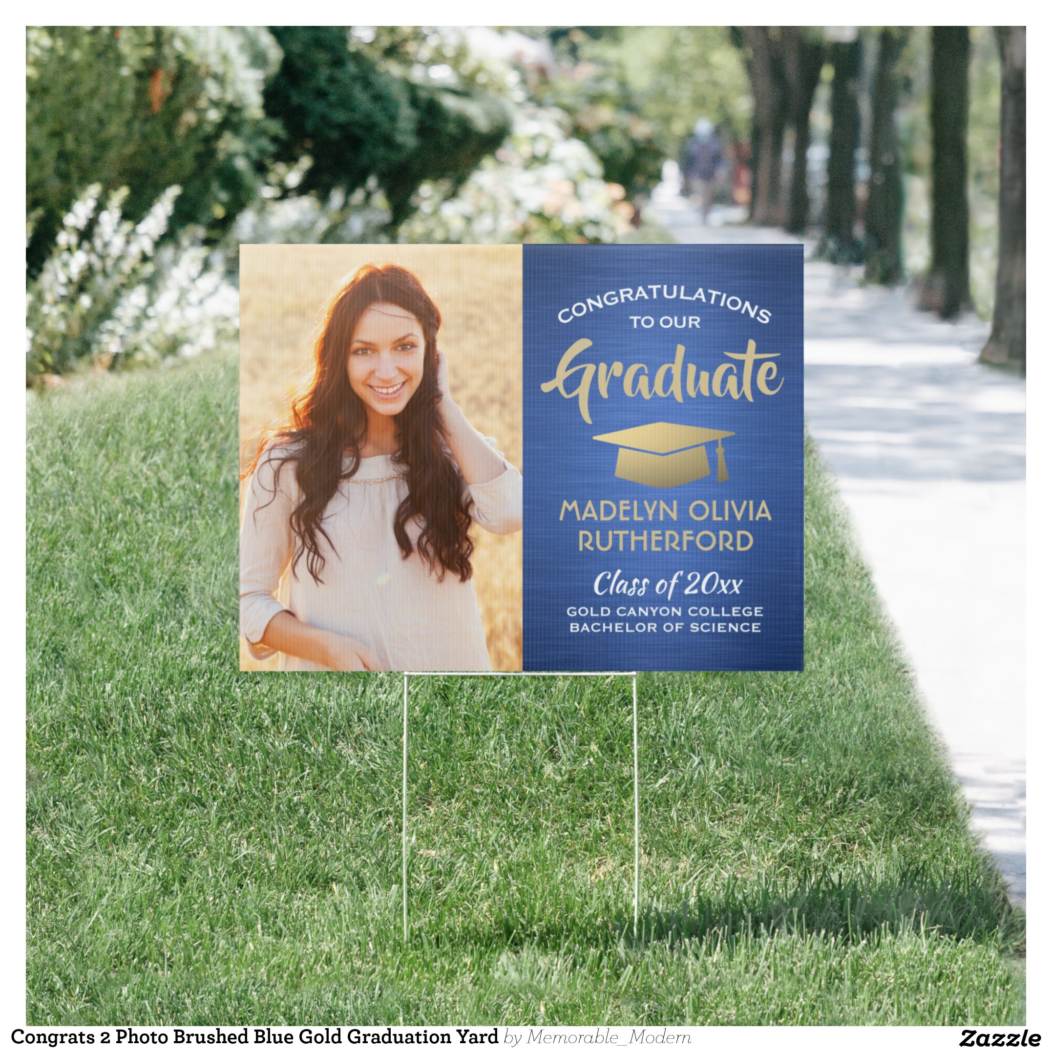 Congrats 2 Photo Brushed Blue Gold Graduation Yard Sign
