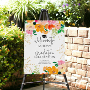Gold glitter floral botanical graduation welcome foam board