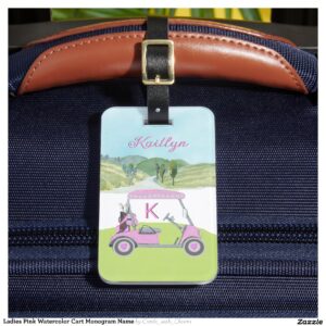 Ladies Pink Watercolor Cart Monogram Name Luggage Tag