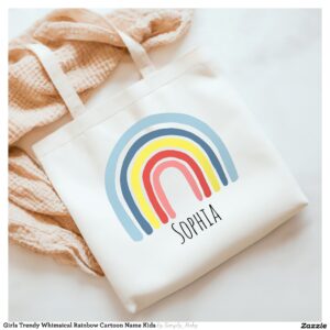 Girls Trendy Whimsical Rainbow Cartoon Name Kids Tote Bag