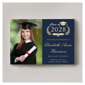 Elegant Script Photo Blue Gold College Graduation Announcement