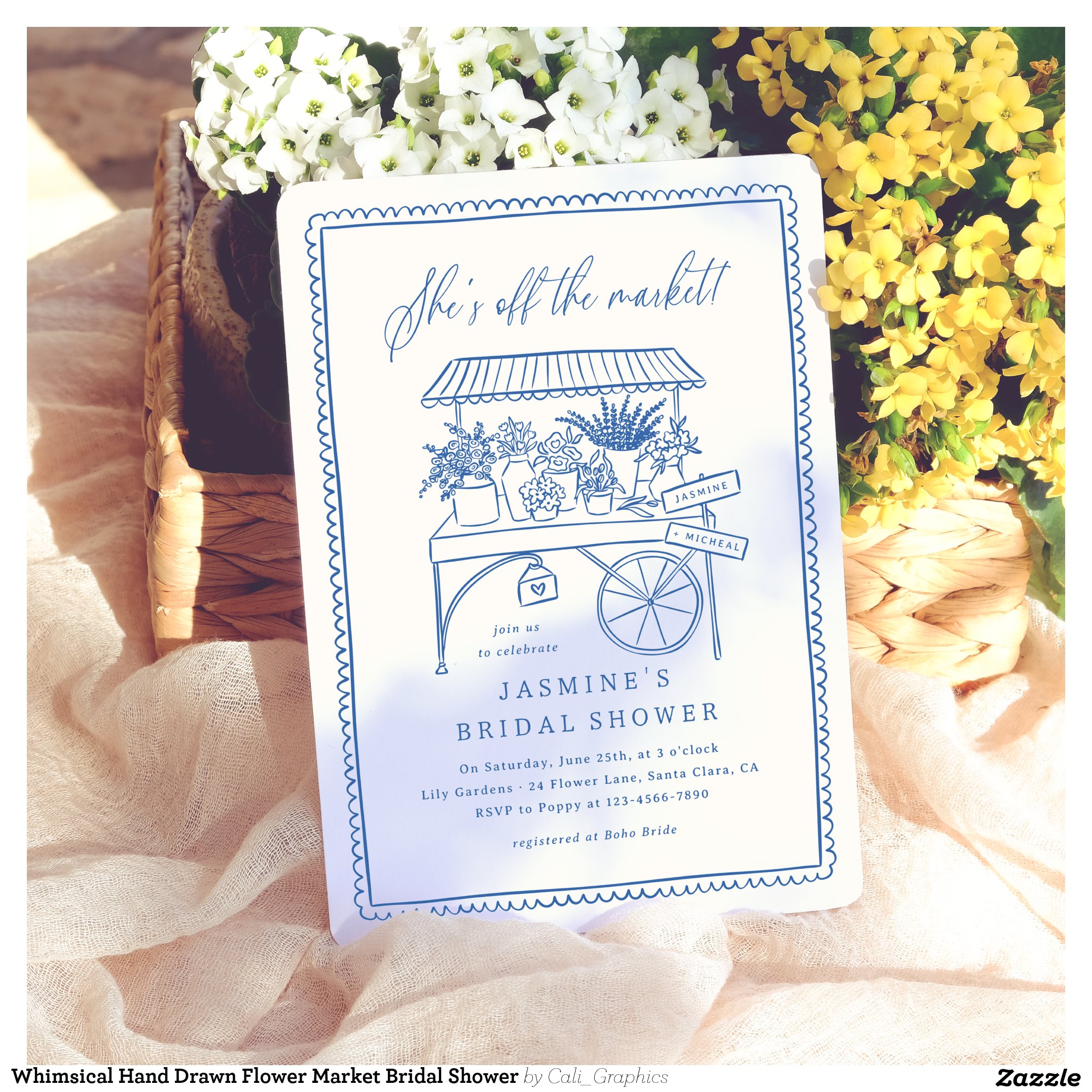 Whimsical Hand Drawn Flower Market Bridal Shower Invitation