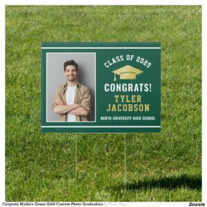 Congrats Modern Green Gold Custom Photo Graduation Sign