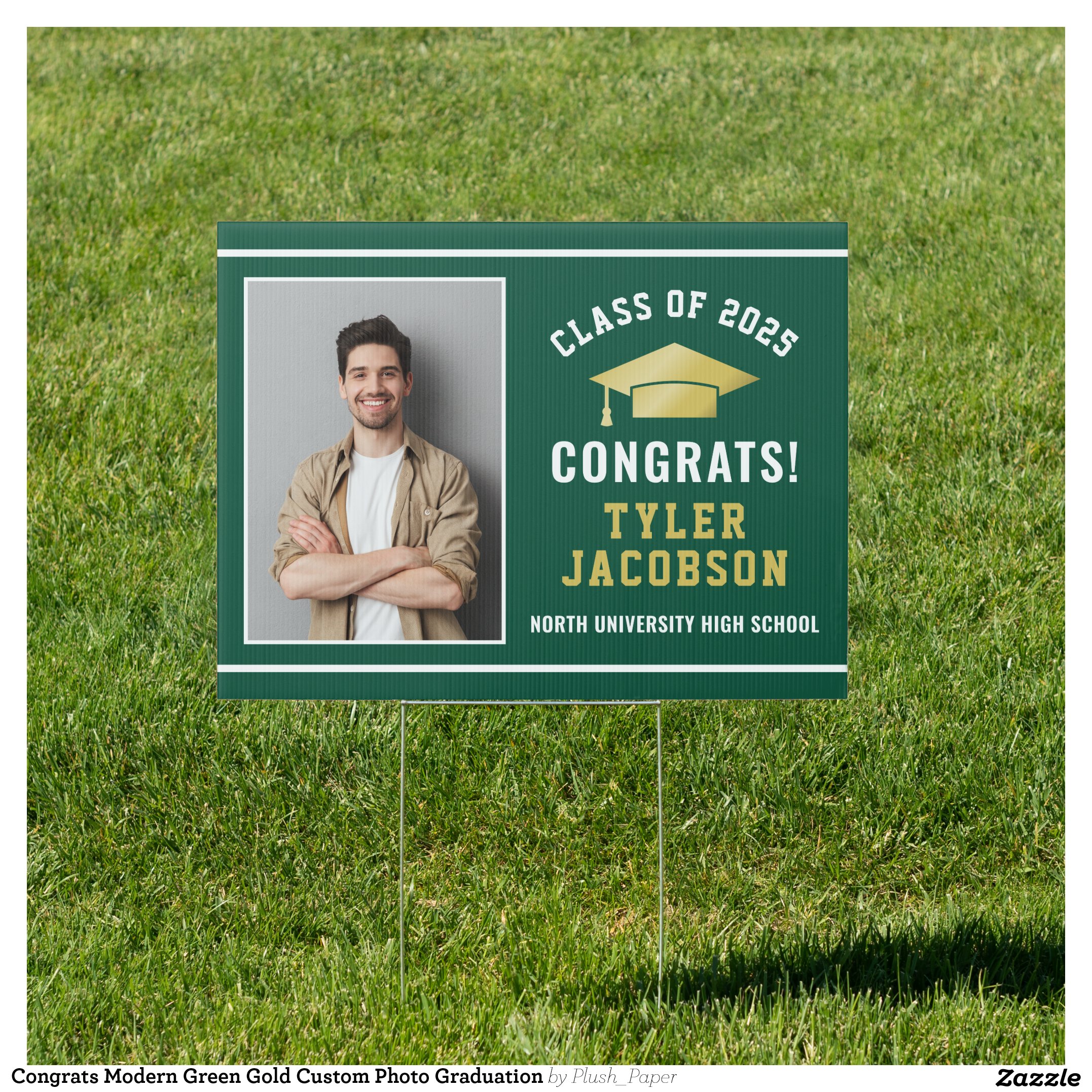 Congrats Modern Green Gold Custom Photo Graduation Sign