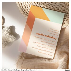 Retro Mint Orange Boho Stripes Couples Baby Shower Invitation