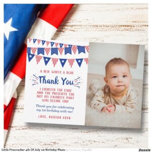 Little Firecracker 4th Of July 1st Birthday Photo Thank You Card