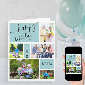 Any Age 5 Photo Collage Light Blue Custom Birthday Card