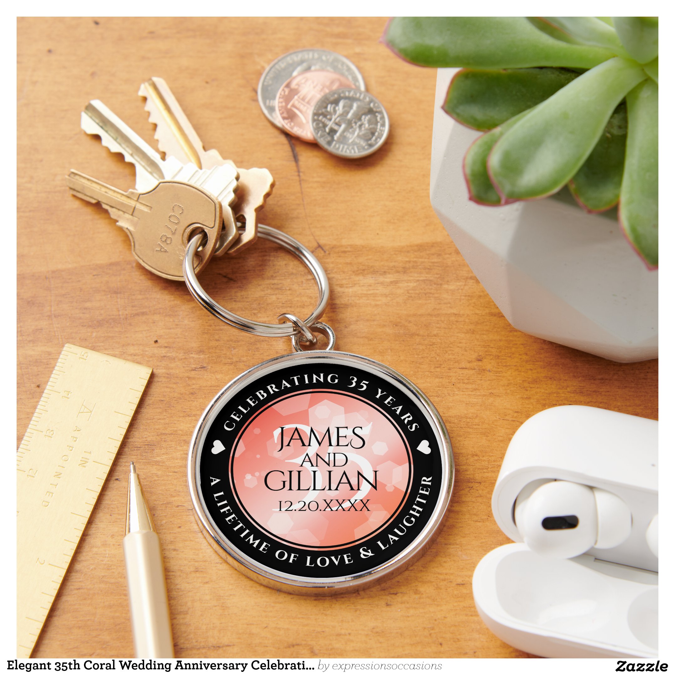 Elegant 35th Coral Wedding Anniversary Celebration Keychain