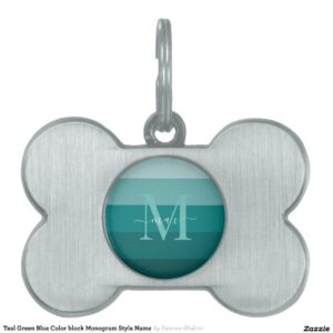 Teal Green Blue Color block Monogram Style Name Pet ID Tag