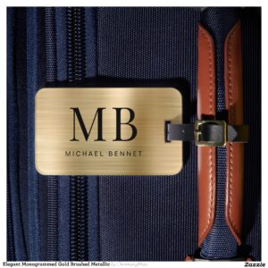 Elegant Monogrammed Gold Brushed Metallic Luggage Tag