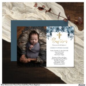 Blue Watercolor Floral Faux Gold Boy Photo Baptism Invitation