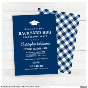 Rustic Navy Blue Backyard BBQ Graduation Party Invitation