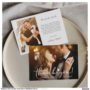 Elegant Chic Script Love Heart Wedding Photo Thank You Card