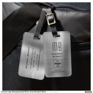 Custom Logo Monogrammed Silver Gray Brushed Metal Luggage Tag